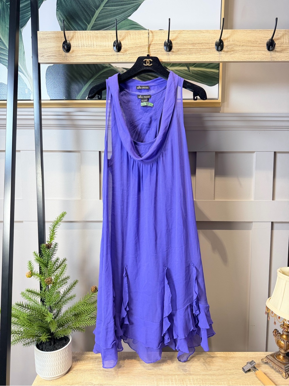 Purple Ella Moss sleeveless dress elegant draped cowl neckline Silk